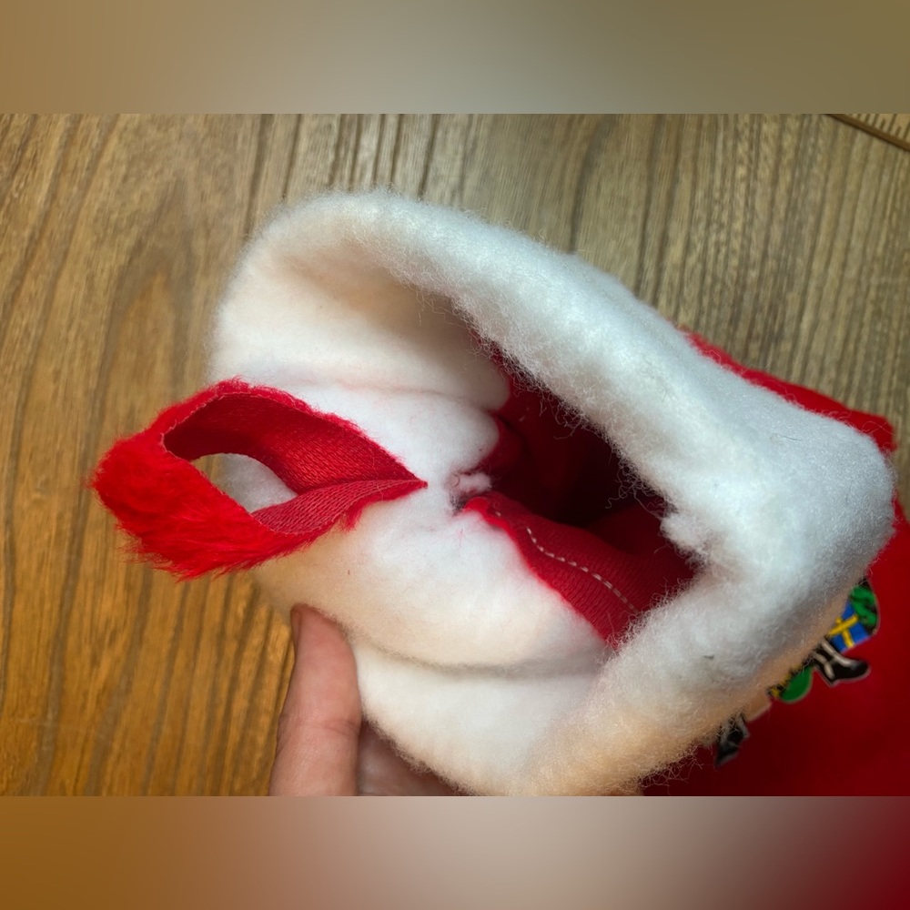Vintage Red/White Furry Christmas Stocking W/Plastic Santa Graphic - Picture 6 of 6